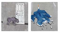 Curro Gonz&aacute;lez - 2011 - Hotel F&eacute;nix: el perro y la llama - T&eacute;cnica mixta sobre tela 2 obras de 38 x 35 cm.